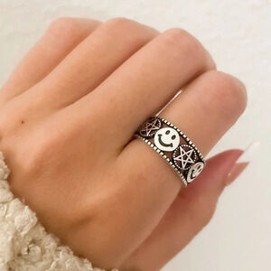 925 Sterling Silver Happy Face Ring Band Star Ring Cool Fun Resizable Ring